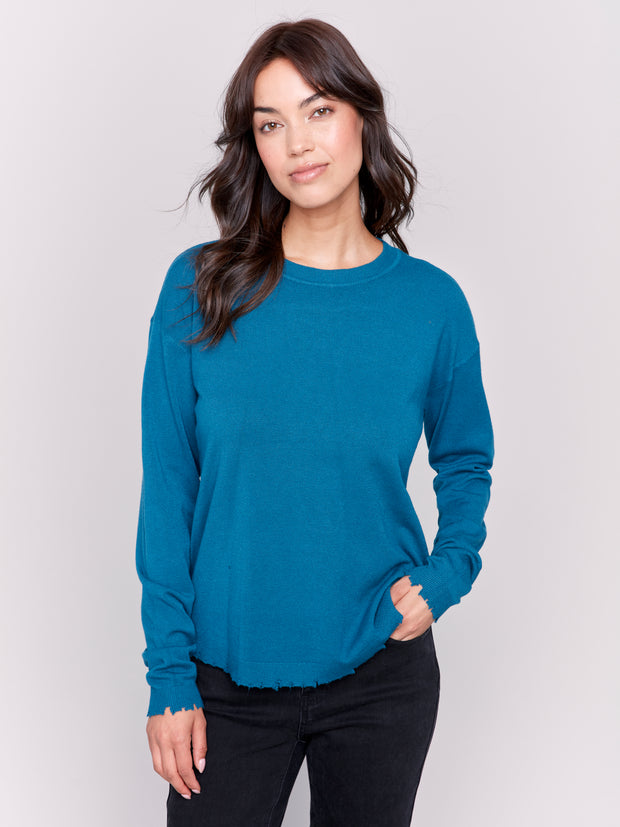 Plush Raw Hem Crew Neck Sweater