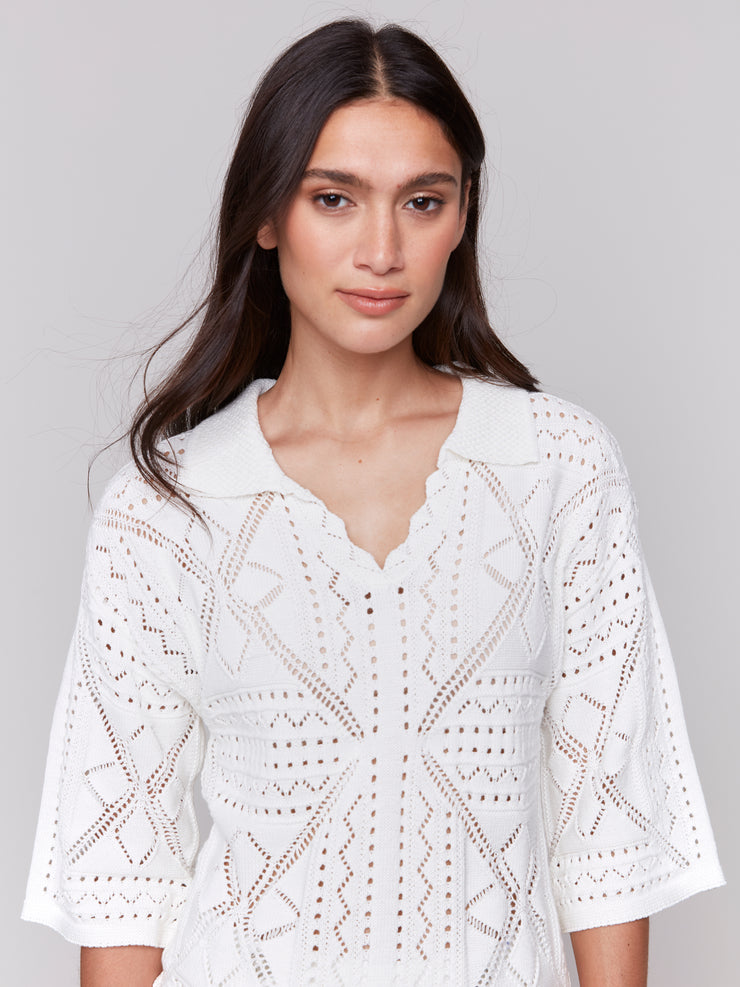 Collared Pointelle Sweater