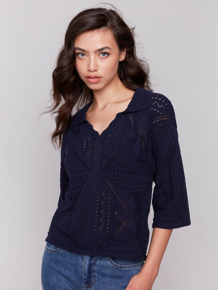 Collared Pointelle Sweater