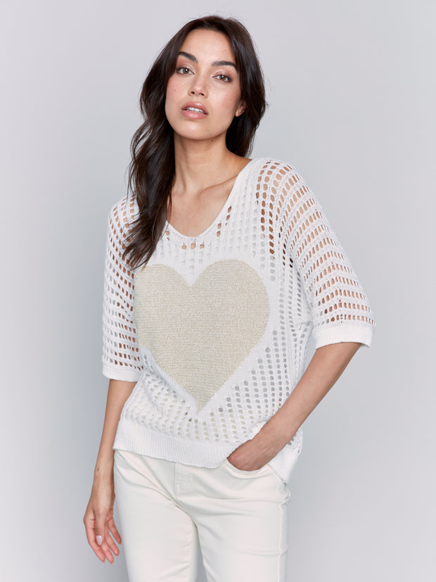 Crochet V-Neck Heart Sweater