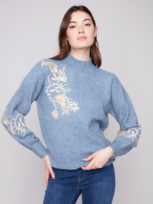 Mock Neck Embroidered Sweater
