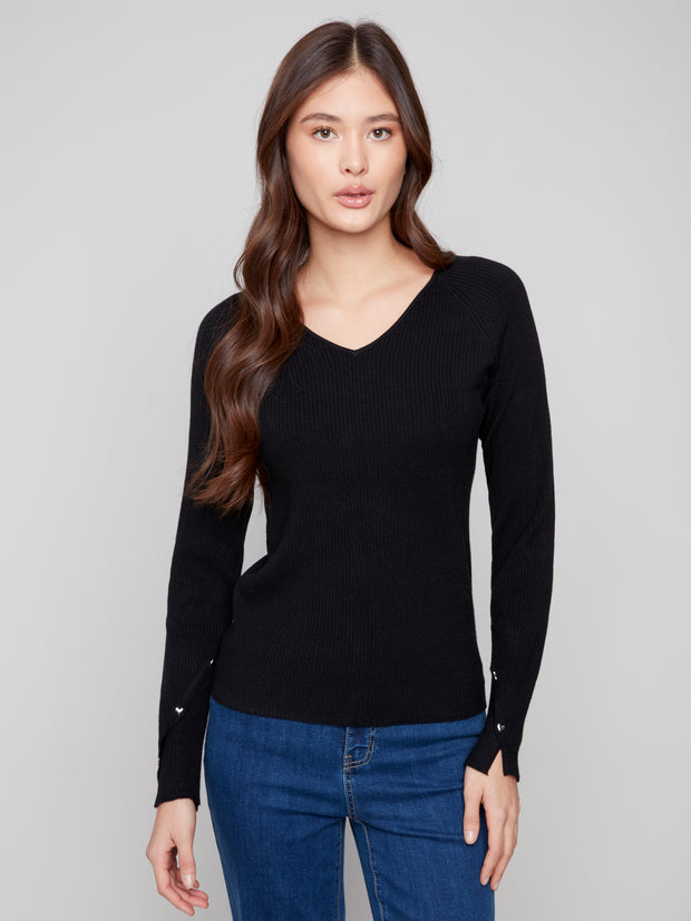 Ribbed Knit V-Neck Sweater
