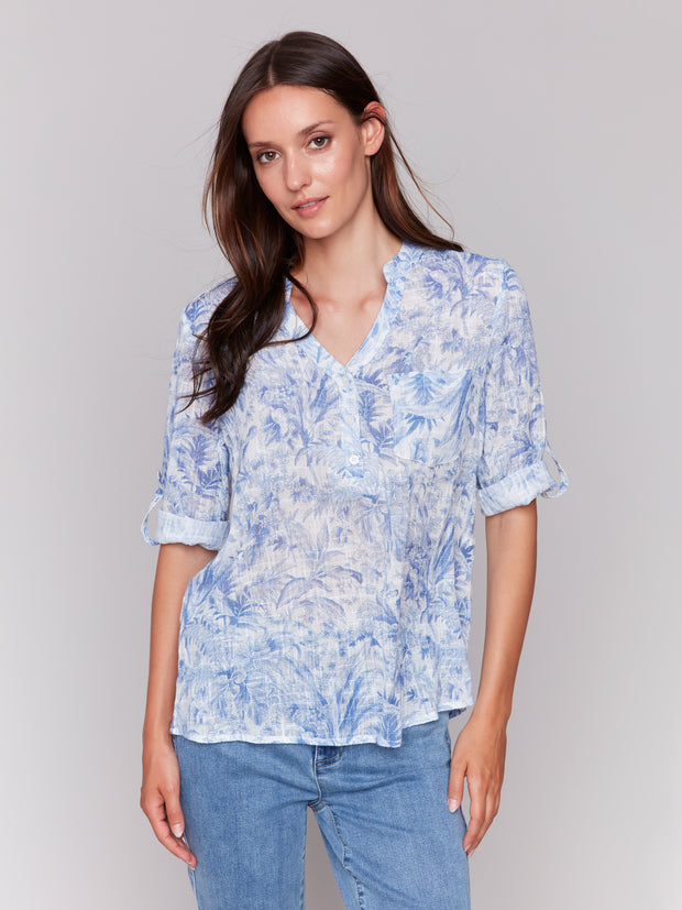 Printed Roll-Up Sleeve Blouse