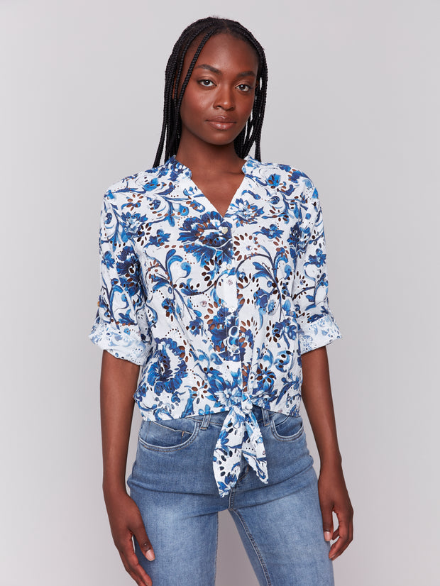 Printed Eyelet Tie Front Blouse