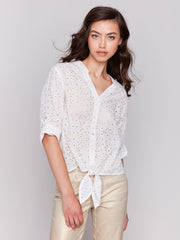 Printed Eyelet Tie Front Blouse