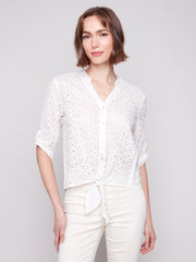 Printed Eyelet Tie Front Blouse