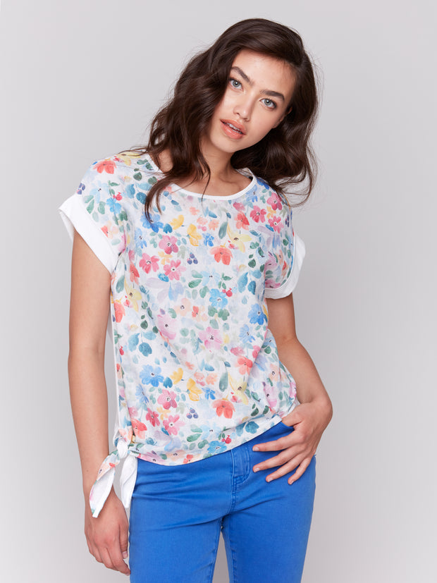 Printed Linen Short Sleeve Top