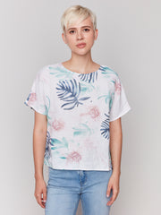 Printed Linen Short Sleeve Top