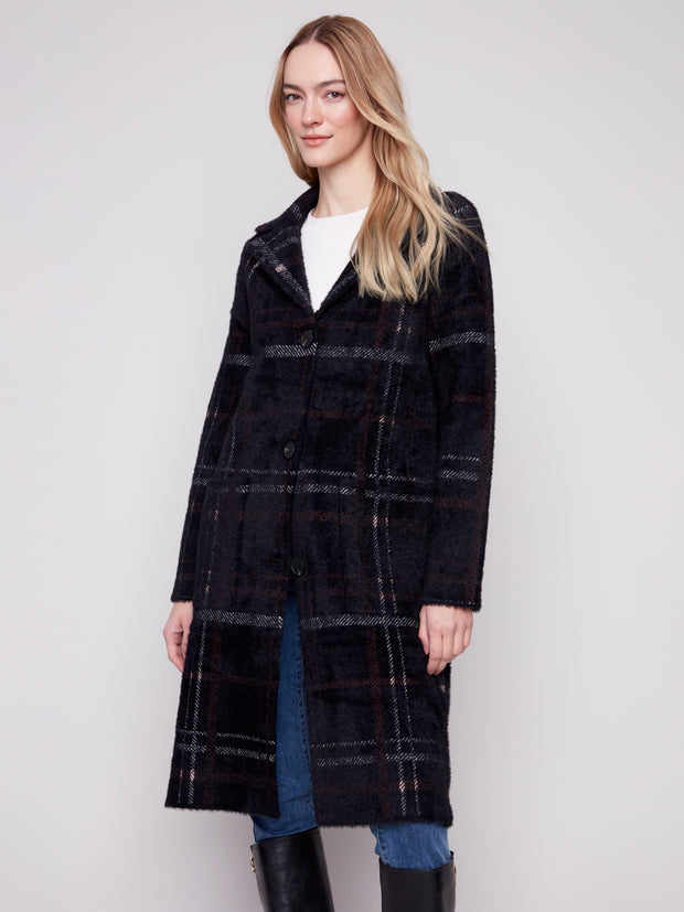 Eyelash Plaid Knit Patch Pocket Coat