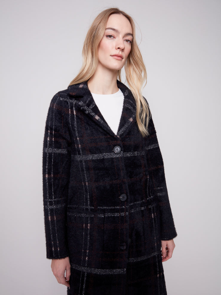 Eyelash Plaid Knit Patch Pocket Coat