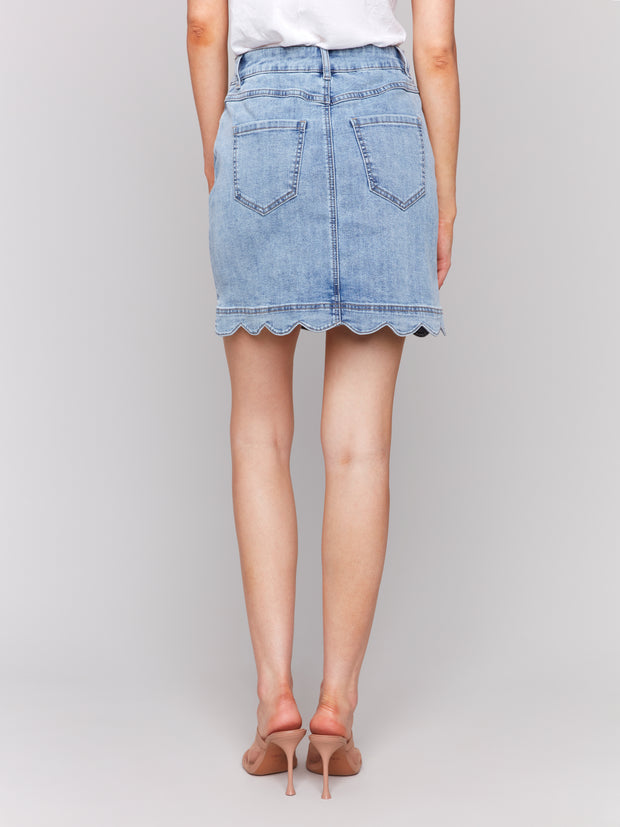 Button Front Scallop Hem Denim Skirt