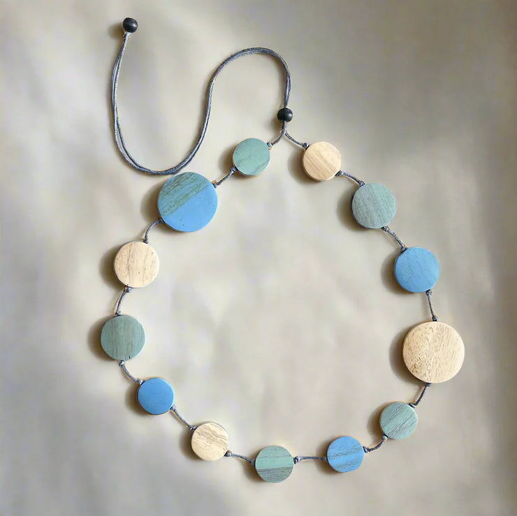 Wooden Round Disk Necklace - Blue