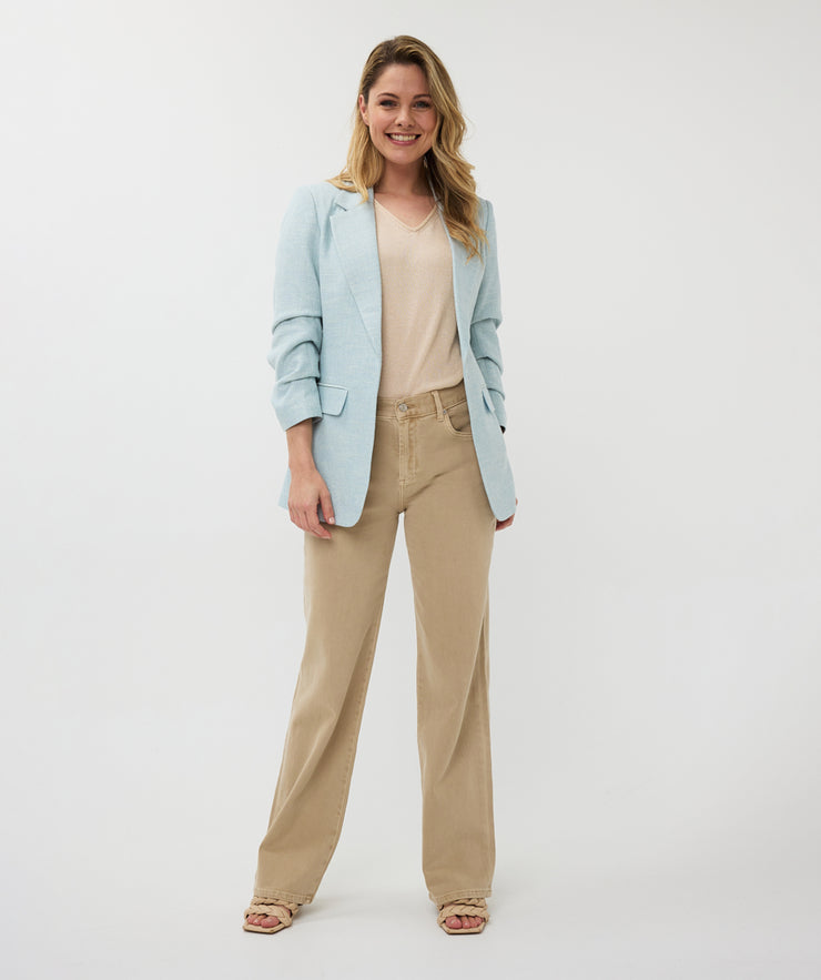 Linen Look Ruched Sleeve Blazer