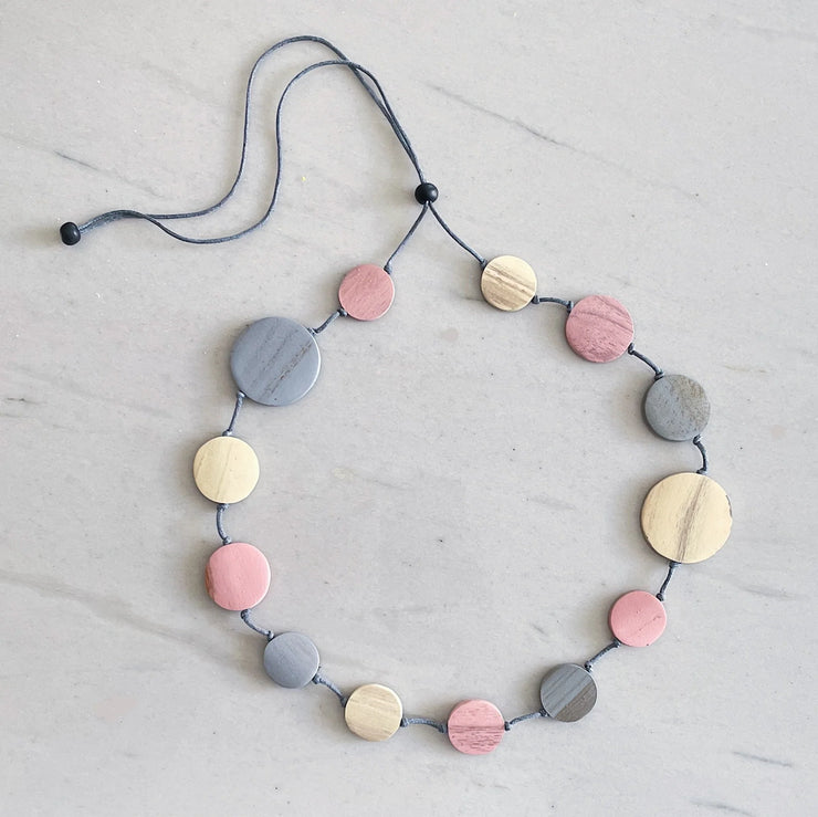 Wooden Round Disk Necklace - Pink