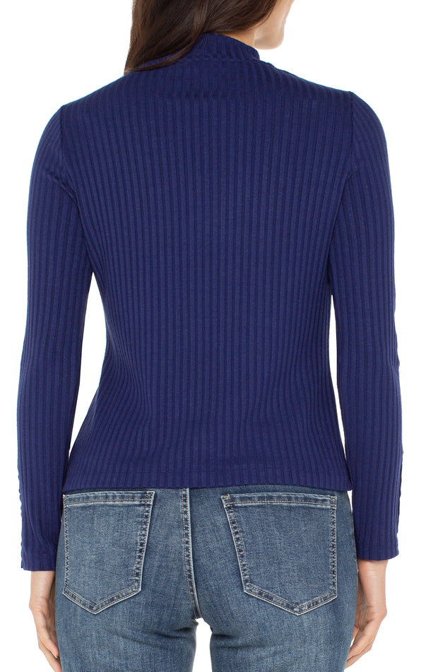 Long Sleeve Mock Neck Knit Top W/ Button Detail