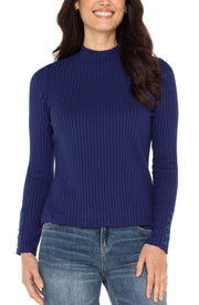 Long Sleeve Mock Neck Knit Top W/ Button Detail