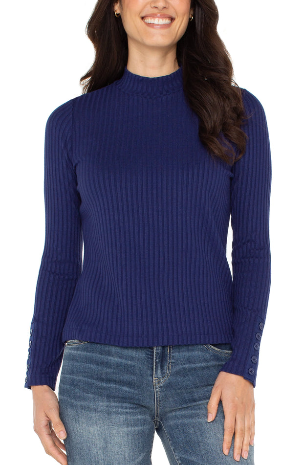 Long Sleeve Mock Neck Knit Top W/ Button Detail