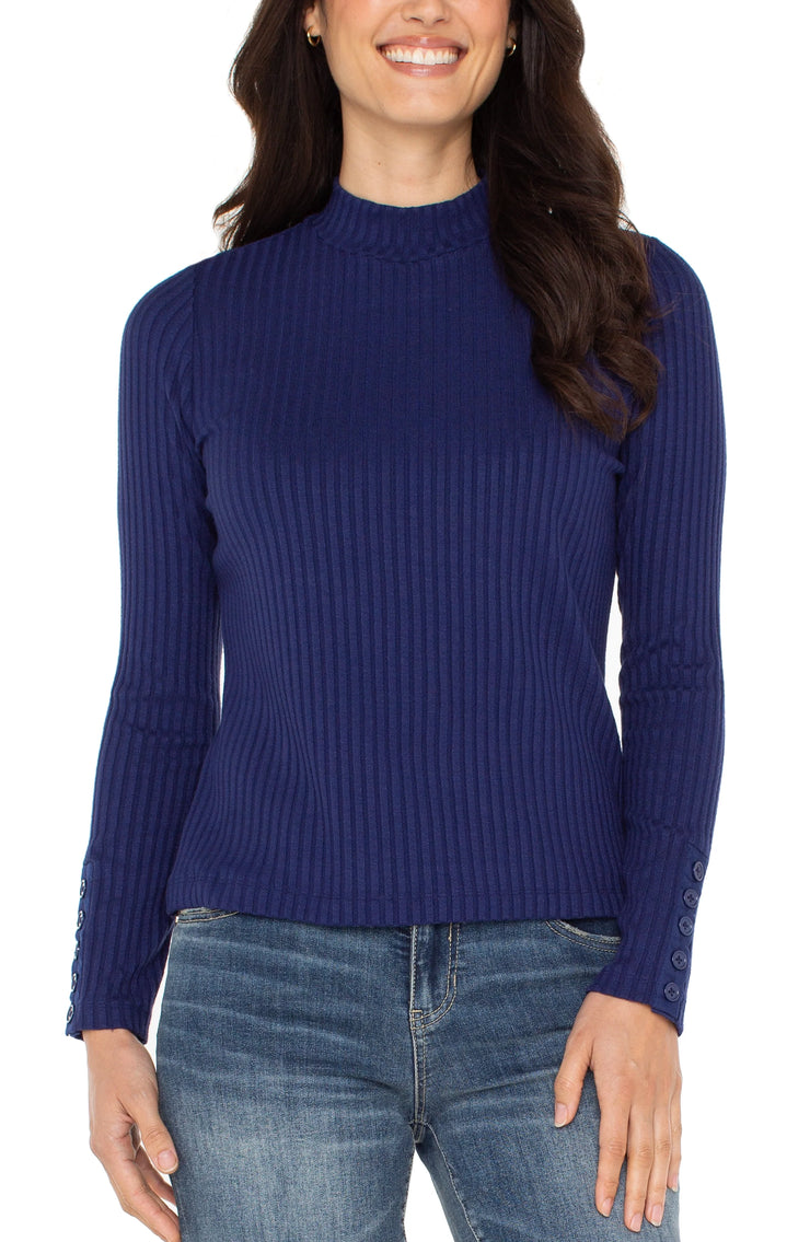 Long Sleeve Mock Neck Knit Top W/ Button Detail