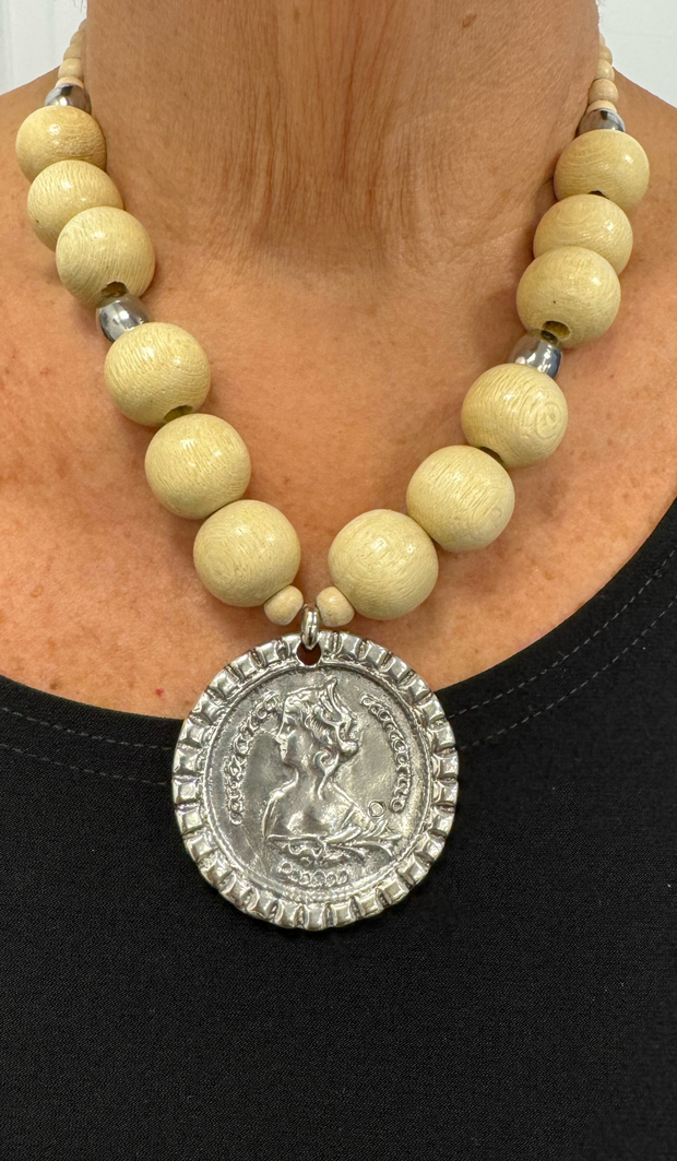 Wood Beads & Coin Necklace