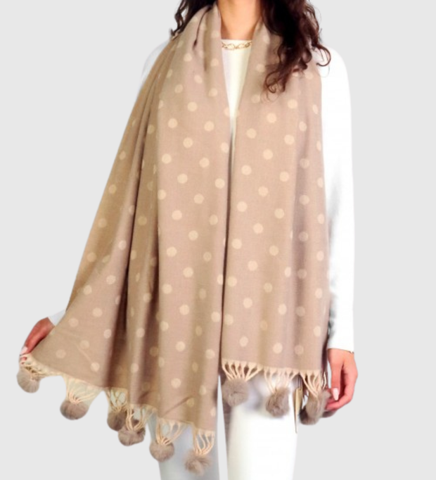 Dot Design Scarf with Pom Poms