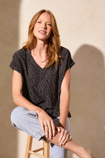 Cap-Sleeve V-Neck Puckered Knit Top