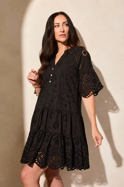 Cotton Eyelet Ruffle Short Sleeve Tiered Dress