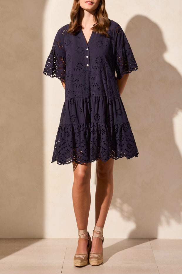 Cotton Eyelet Ruffle Short Sleeve Tiered Dress