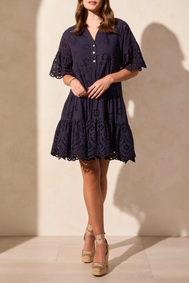 Cotton Eyelet Ruffle Short Sleeve Tiered Dress