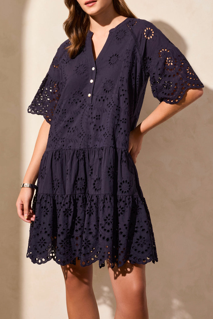 Cotton Eyelet Ruffle Short Sleeve Tiered Dress