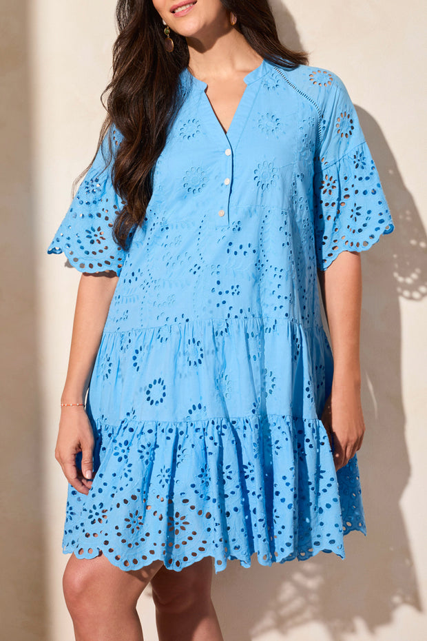 Cotton Eyelet Ruffle Short Sleeve Tiered Dress