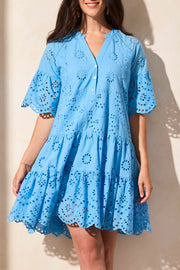 Cotton Eyelet Ruffle Short Sleeve Tiered Dress