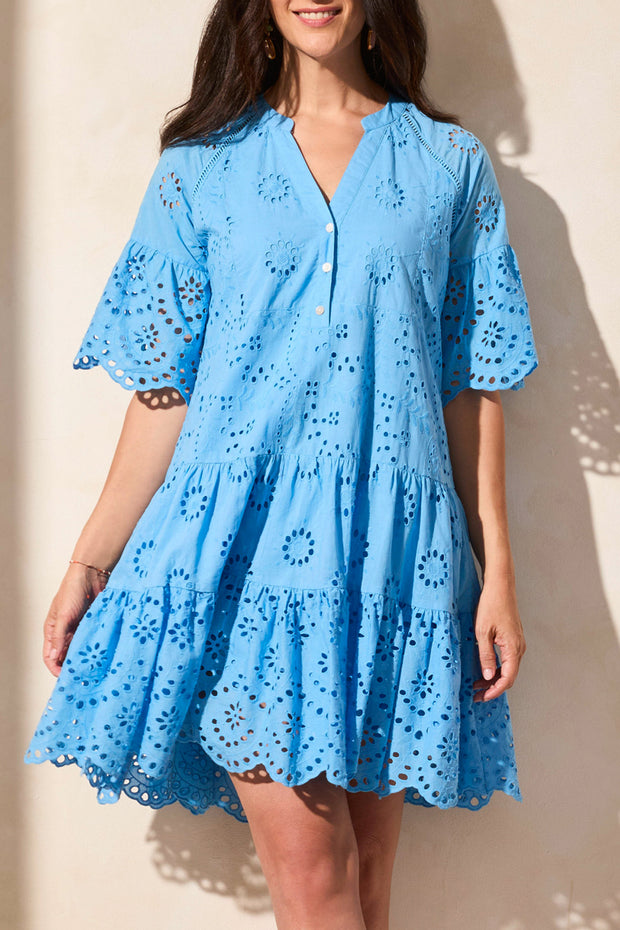Cotton Eyelet Ruffle Short Sleeve Tiered Dress