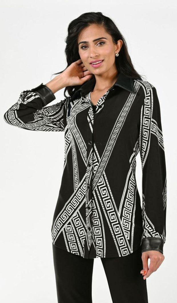 Pattern Blouse w/Leather Collar